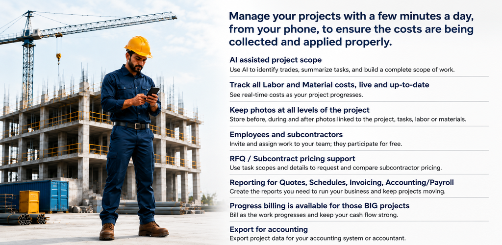 ub-Project feature graphic showing a construction project manager using a phone beside key ub-Project features such as AI assisted project scope, costs, photos, subcontractor pricing support, reporting, progress billing, and accounting export.